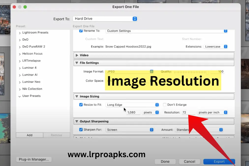 image resolution in lightroom